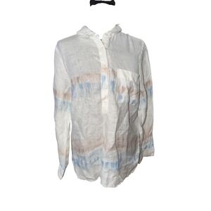 CP Shades Linen Tie Dye Popover Shirt White Blue Tan Long Sleeve Relaxed L